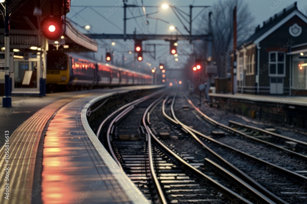 Glowing train tracks under soft lights, capturing the quiet anticipation of a journey at dawn. Glowing train tracks under soft lights, capturing the quiet anticipation of a journey at dawn.