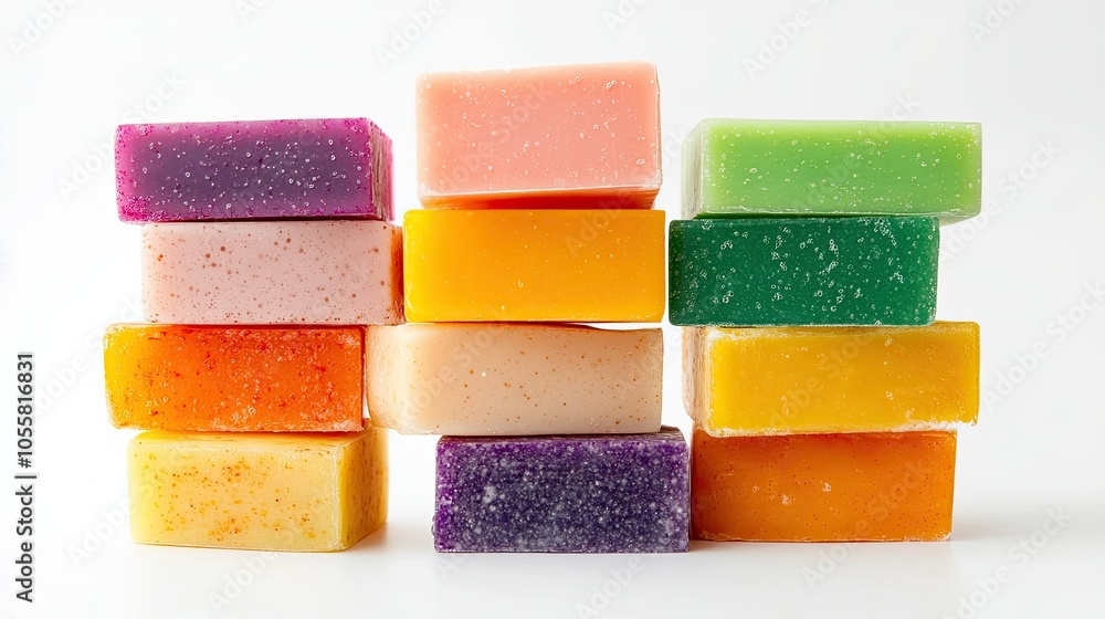 Stack of body wash soap bottles, side view, isolated on white, various colors, clean and fresh look Stack of body wash soap bottles, side view, isolated on white, various colors, clean and fresh look