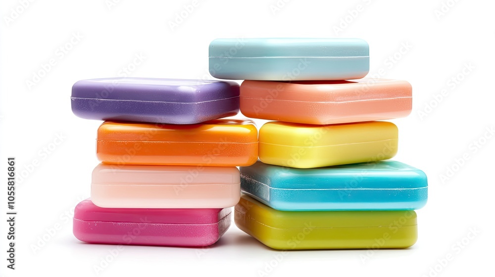 Stack of body wash soap bottles, side view, isolated on white, various colors, clean and fresh look Stack of body wash soap bottles, side view, isolated on white, various colors, clean and fresh look