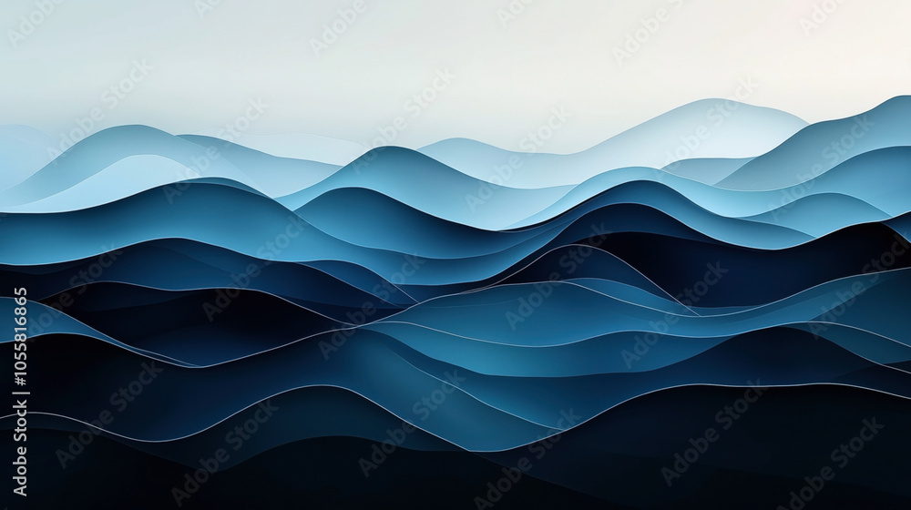 Abstract digital illustration of layered blue and teal waves resembling ocean or mountain formations in a minimalist style. Abstract digital illustration of layered blue and teal waves resembling ocean or mountain formations in a minimalist style.