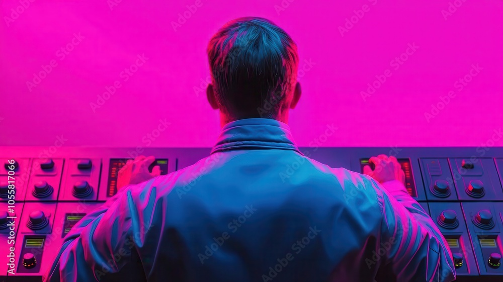 Naklejka premium Factory worker operating holographic control panel, futuristic manufacturing
