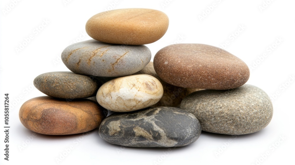 Stack of smooth stones, isolated on white, arranged in a balanced pile, minimalist zen theme Stack of smooth stones, isolated on white, arranged in a balanced pile, minimalist zen theme