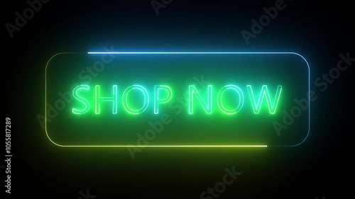 neon glowing animation on black background. Shop now neon text animation with rectangle frame.