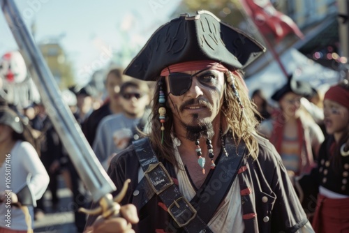 A lively pirate festival with a costumed man in the foreground, holding a sword, surrounded by a bustling, vibrant crowd, evoking swashbuckling excitement. photo