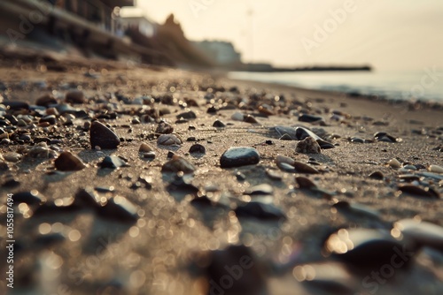 The sunlit shore sparkles softly over the sandy beach, with scattered smooth stones leading into the gentle embrace of the sea.