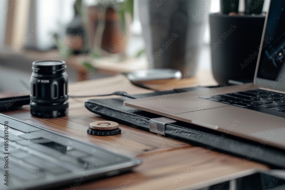A neat workspace featuring a laptop and camera gear, surrounded by greenery, suggesting a modern and creative work environment. A neat workspace featuring a laptop and camera gear, surrounded by greenery, suggesting a modern and creative work environment.