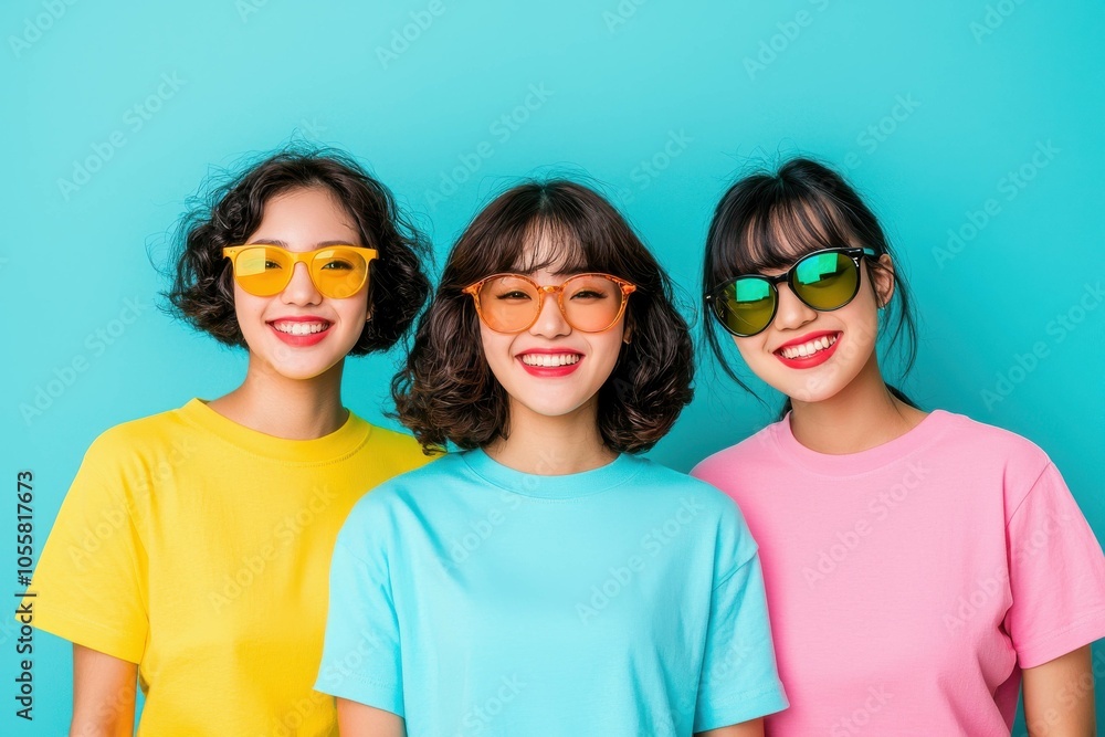 Three Friends Smiling in Pastel Clothing Against Blue Background Three Friends Smiling in Pastel Clothing Against Blue Background