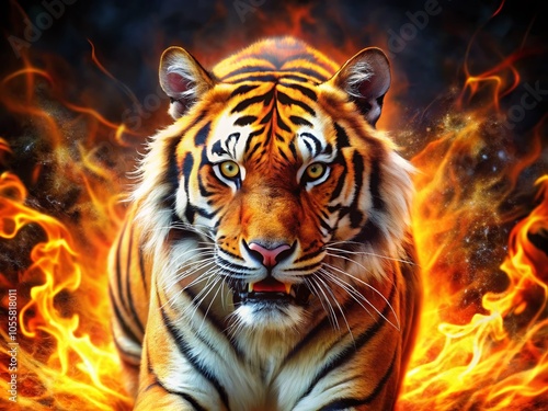 Fierce Tiger Emerging from Flames - Captivating Wildlife Art for Enthusiasts