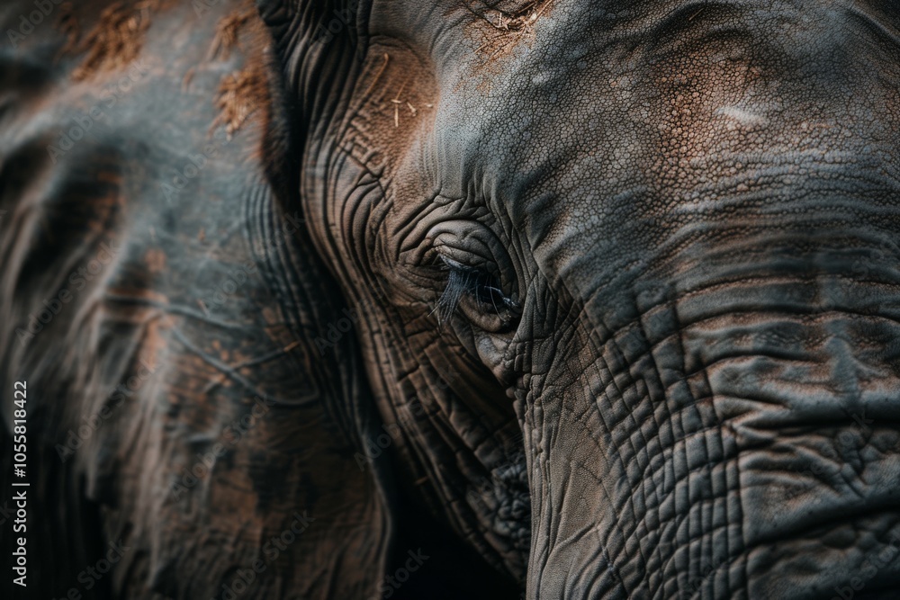 Fototapeta premium The textured skin and soulful eye of an elephant, revealing wisdom and majesty formed over time, create a powerful, close-up portrait.