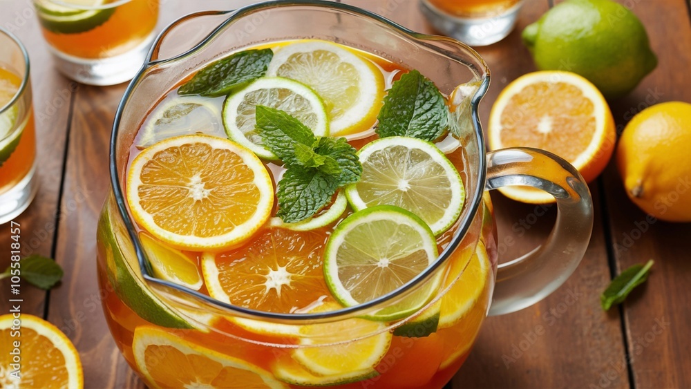 Refreshing Fruit Punch with Citrus and Mint in a Glass Pitcher Refreshing Fruit Punch with Citrus and Mint in a Glass Pitcher