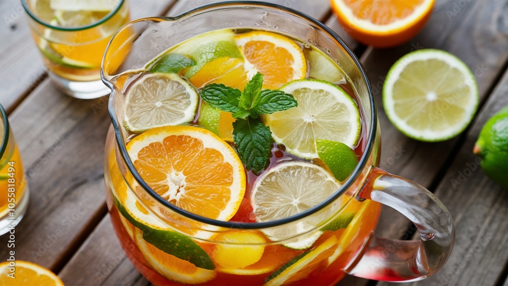 Refreshing Fruit Punch with Citrus and Mint in a Glass Pitcher Refreshing Fruit Punch with Citrus and Mint in a Glass Pitcher