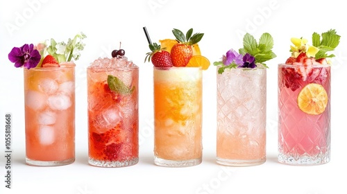 Strawberry drink variety, with garnishes, isolated on bright white.