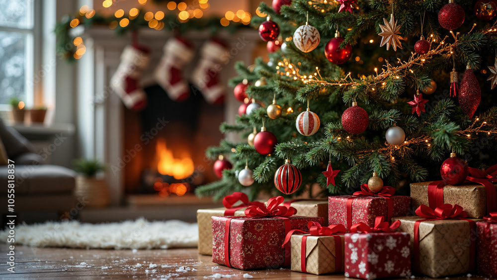 Enchanting Christmas Tree in Cozy Living Room: Perfect for Holiday Marketing, Greeting Cards, and Festive Campaigns Enchanting Christmas Tree in Cozy Living Room: Perfect for Holiday Marketing, Greeting Cards, and Festive Campaigns