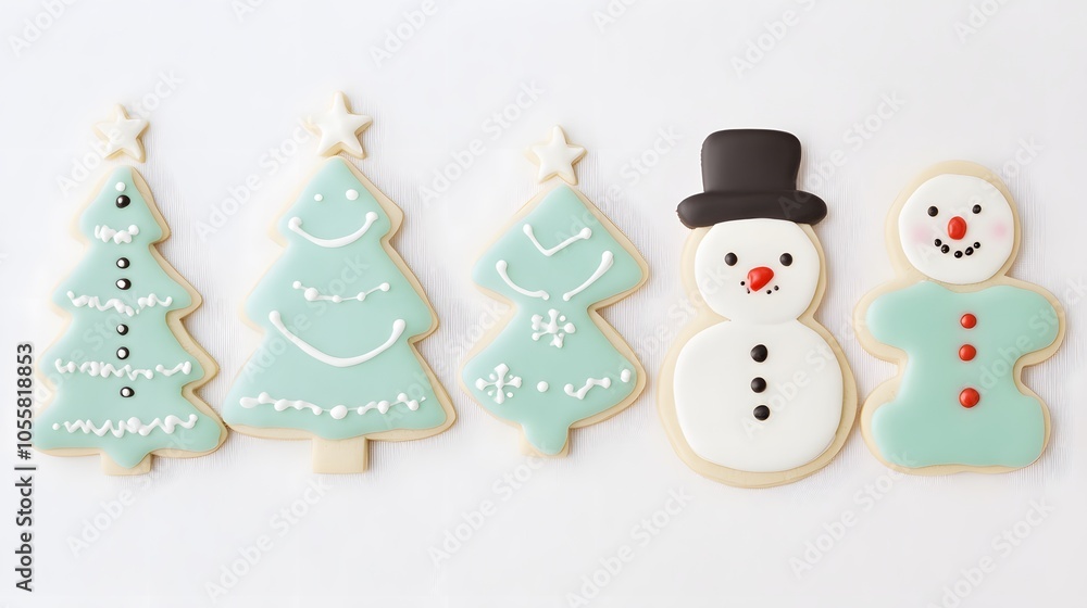 A row of cookies with a snowman and a tree on them
