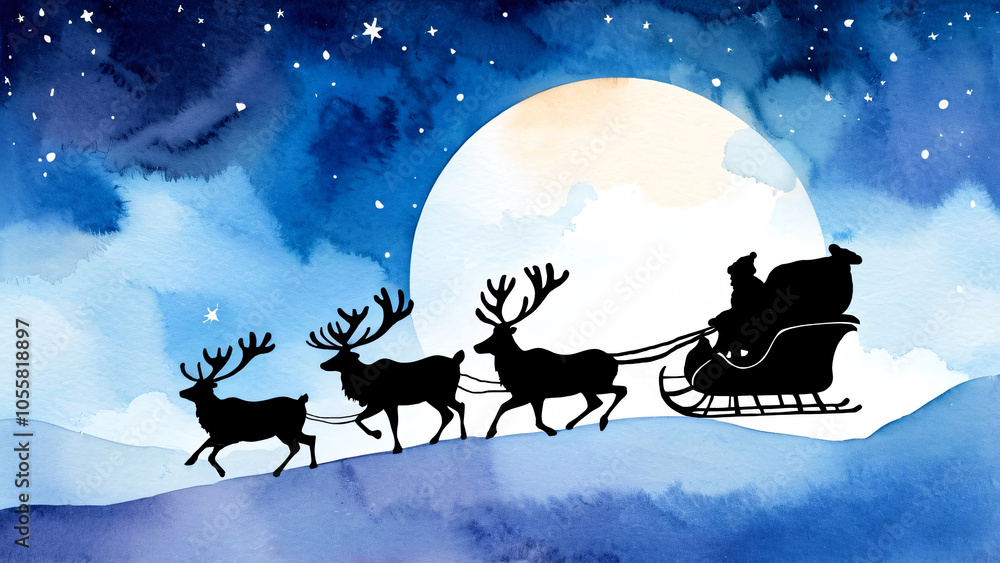 Naklejka premium Silhouette of Santa Claus in sleigh with reindeer against full moon in starry night sky