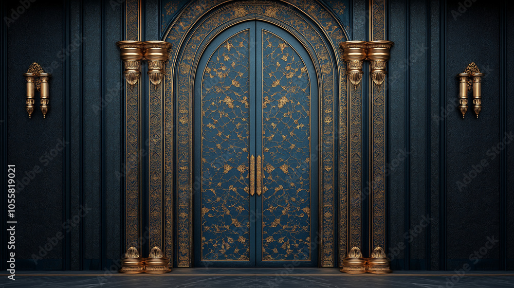Grand Double Doors: A majestic double door with intricate carvings and golden accents stands tall against a backdrop of deep blue, inviting you to step into a world of mystery and wonder. Grand Double Doors: A majestic double door with intricate carvings and golden accents stands tall against a backdrop of deep blue, inviting you to step into a world of mystery and wonder.