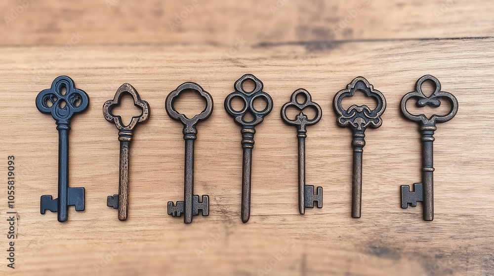 Antique Keys on Wooden Surface: A collection of vintage keys arranged in a row on a rustic wooden background. Each key boasts a unique design, hinting at secrets and forgotten stories. Antique Keys on Wooden Surface: A collection of vintage keys arranged in a row on a rustic wooden background. Each key boasts a unique design, hinting at secrets and forgotten stories.