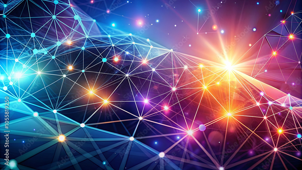 A vibrant display of interconnected lines and nodes creates an abstract depiction of networks, highlighted by glowing lights in various colors against a dark backdrop A vibrant display of interconnected lines and nodes creates an abstract depiction of networks, highlighted by glowing lights in various colors against a dark backdrop
