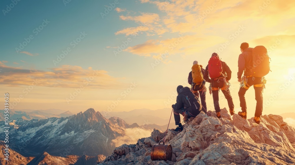 Group of adventurers climbing a mountain, treasure chest glistening at the summit, highaltitude adventure Group of adventurers climbing a mountain, treasure chest glistening at the summit, highaltitude adventure
