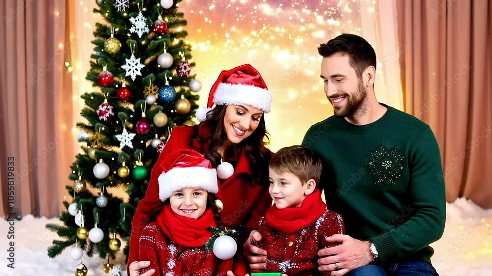 Christmas Family Portrait: A joyful family of four, adorned in festive attire, gathers around a beautifully decorated Christmas tree, radiating warmth and holiday cheer. Christmas Family Portrait: A joyful family of four, adorned in festive attire, gathers around a beautifully decorated Christmas tree, radiating warmth and holiday cheer.