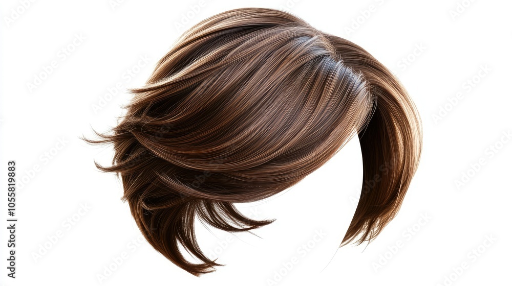 Stylish women wig, modern cut, isolated on white, elegant hairstyle with volume and layers Stylish women wig, modern cut, isolated on white, elegant hairstyle with volume and layers