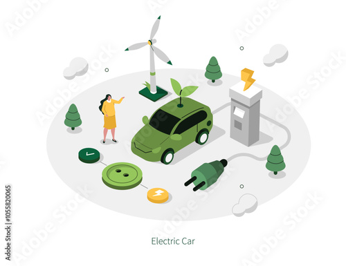 Electric car concept. Character recharge vehicle battery at charging station. Green energy, environmental sustainability, responsibility infographic template. Flat isometric vector illustration.