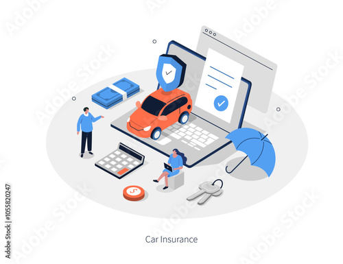 Auto insurance concept. Car with full coverage insurance policy infographic  template. Vehicle protection from damage, traffic collision and other incidents. Flat isometric vector illustration.