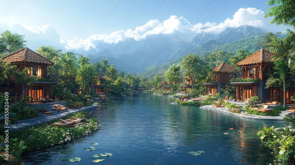 Lush riverside resort surrounded by mountains and tropical vegetation. Lush riverside resort surrounded by mountains and tropical vegetation.