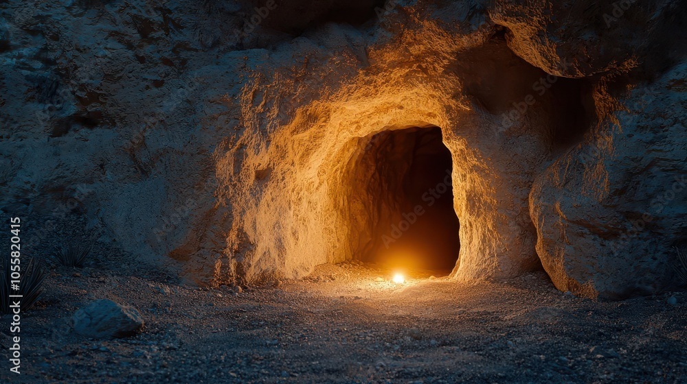 Mysterious cave entrance with flickering torchlight, shadows suggesting hidden treasures inside, exploration and discovery theme Mysterious cave entrance with flickering torchlight, shadows suggesting hidden treasures inside, exploration and discovery theme