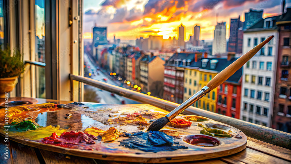 As the sun sets, vibrant hues fill the sky over a city skyline. An artist's palette with bright, mixed colors and a brush suggests creative inspiration during twilight As the sun sets, vibrant hues fill the sky over a city skyline. An artist's palette with bright, mixed colors and a brush suggests creative inspiration during twilight