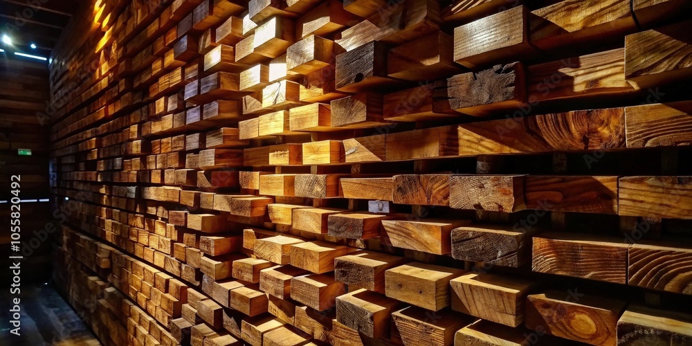 A wall constructed of a repeating pattern of staggered wooden beams, arranged in a brick-like style, creating a contemporary and minimalist architectural aesthetic. A wall constructed of a repeating pattern of staggered wooden beams, arranged in a brick-like style, creating a contemporary and minimalist architectural aesthetic.