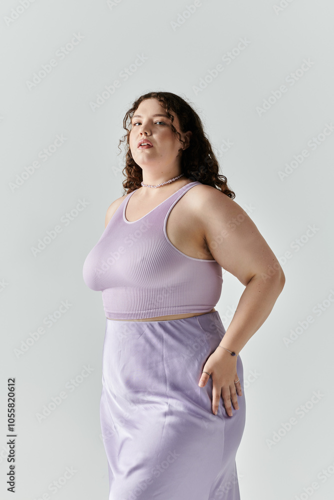 A beautiful plus size woman showcases her confidence and style in a chic lavender ensemble. A beautiful plus size woman showcases her confidence and style in a chic lavender ensemble.