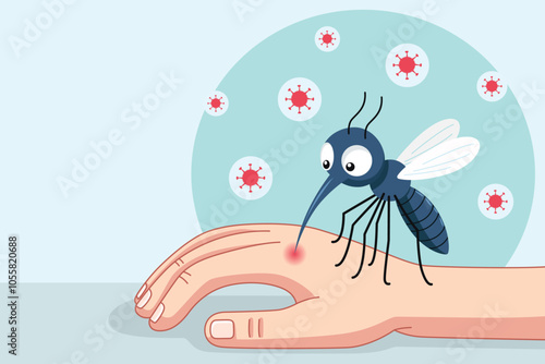 Cartoon of a dengue mosquito biting and drinking blood from a hand, on a thin soft blue background. There is a blank space for text