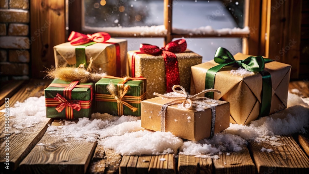 Wrapped presents covered in snowflakes resting on a rustic wooden surface with a snowy window background Wrapped presents covered in snowflakes resting on a rustic wooden surface with a snowy window background