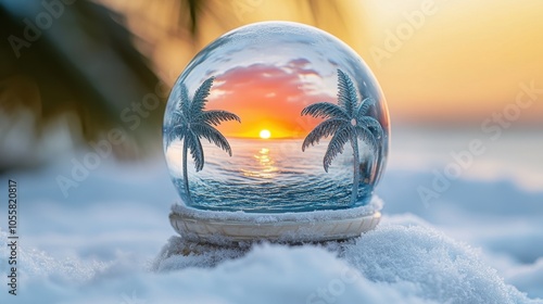 A captivating snow globe showcasing a serene beach sunset with palm trees, nestled in soft snow against a dreamy golden sky photo