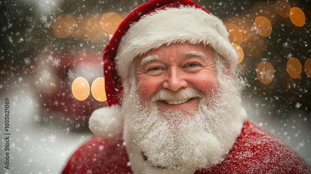 Joyful Santa Claus smiling warmly in a snowy festive atmosphere during winter celebrations Joyful Santa Claus smiling warmly in a snowy festive atmosphere during winter celebrations