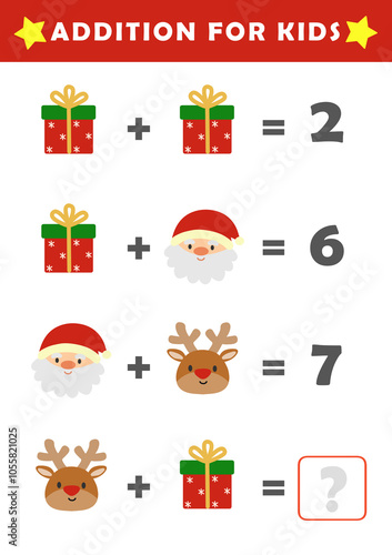 Christmas activity sheet. Addition for Kids. Fun Math Logic Puzzles for Kids. Math Game with Cute Christmas Pictures. Math Activities for Children.  