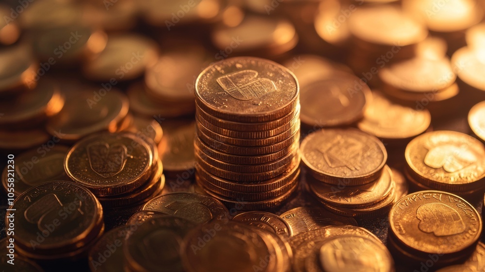 Stack of gold coins illuminated by warm lighting Stack of gold coins illuminated by warm lighting