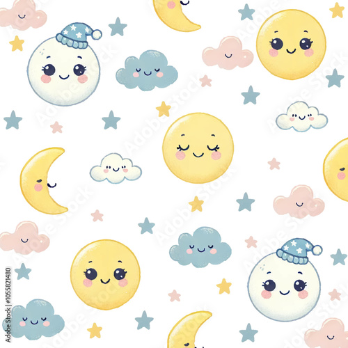 Seamless children's patterns with sun, moon and cloud,  creative Scandinavian children's textures for fabric.for fabric, wrapping, textile, wallpaper, apparel.