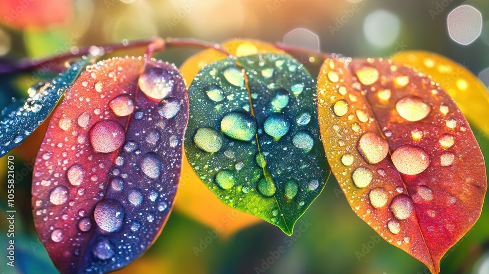 colorful autumn leaves with dewdrops in the sunlight, vibrant fall colors with blurred forest background colorful autumn leaves with dewdrops in the sunlight, vibrant fall colors with blurred forest background
