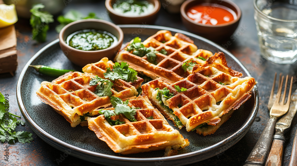 The waffles are golden and crispy, filled with samosa and topped with fresh coriander. The waffles are golden and crispy, filled with samosa and topped with fresh coriander.