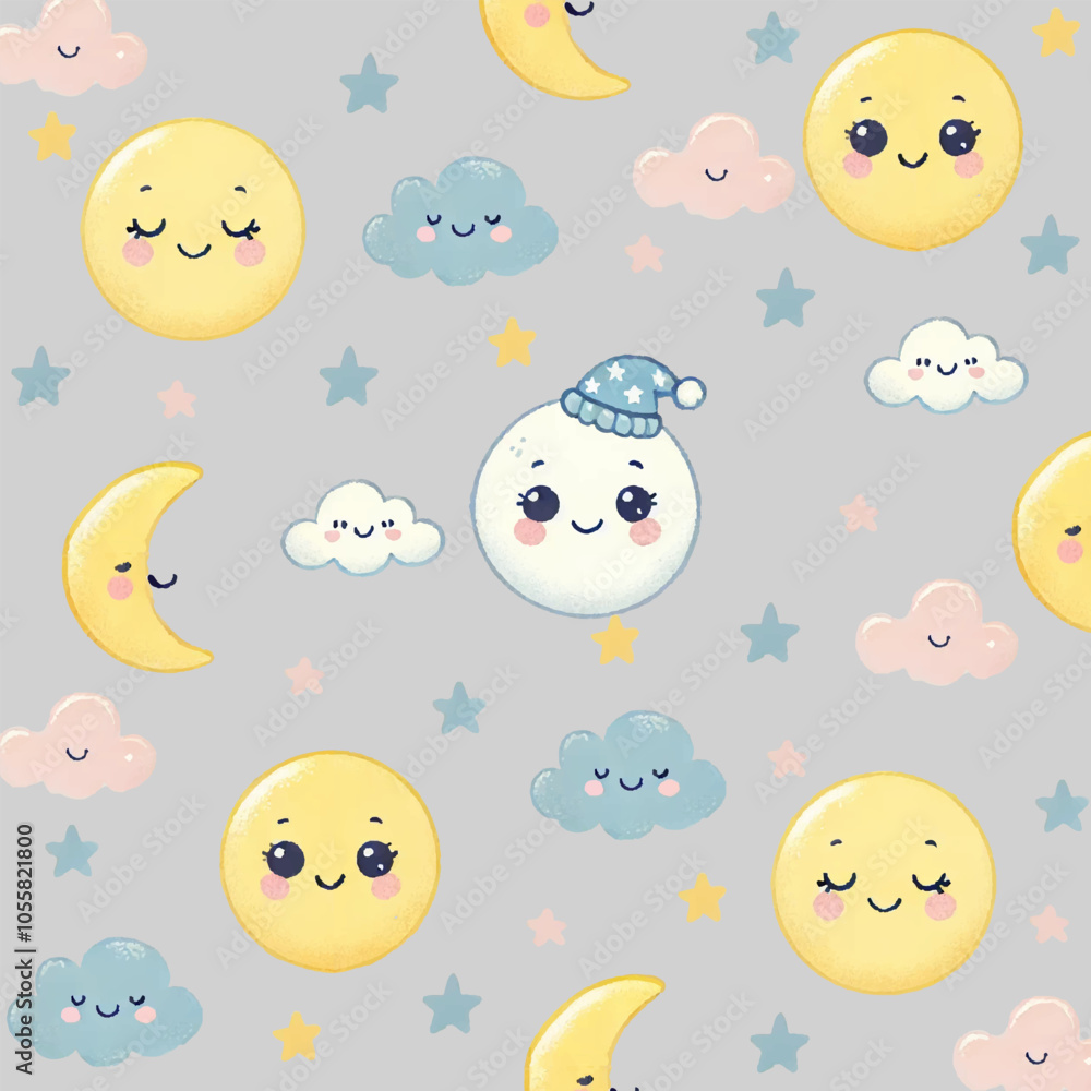 Seamless children's patterns with sun, moon and cloud on grey background, creative Scandinavian children's textures for fabric.for fabric, wrapping, textile, wallpaper, apparel. Seamless children's patterns with sun, moon and cloud on grey background, creative Scandinavian children's textures for fabric.for fabric, wrapping, textile, wallpaper, apparel.