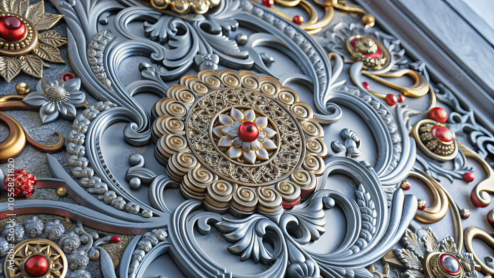 A detailed floral relief features ornate patterns in gold and silver, accented by vibrant red stones. The artistry highlights exquisite craftsmanship and design A detailed floral relief features ornate patterns in gold and silver, accented by vibrant red stones. The artistry highlights exquisite craftsmanship and design
