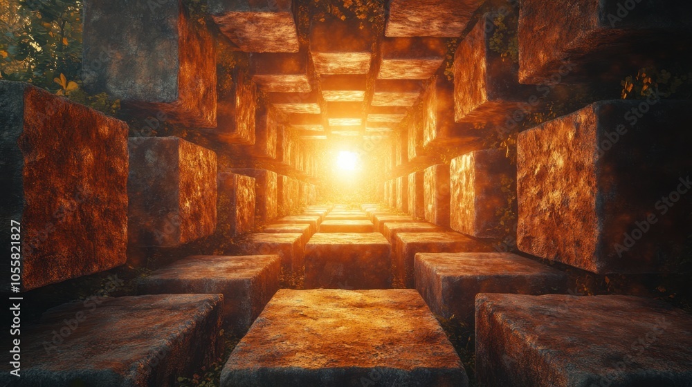 A surreal pathway illuminated by golden light through ancient stone blocks in a mystical forest at dusk A surreal pathway illuminated by golden light through ancient stone blocks in a mystical forest at dusk