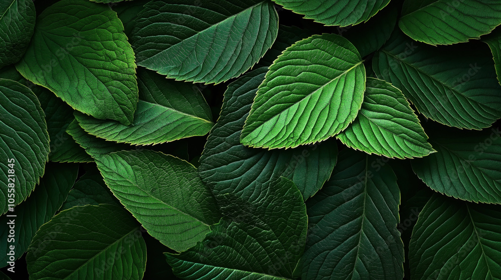 Close-up view of overlapping green leaves with detailed textures and vibrant color, creating a natural foliage pattern background. Close-up view of overlapping green leaves with detailed textures and vibrant color, creating a natural foliage pattern background.