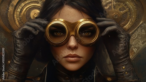 A fierce woman in brass goggles and leather gloves, with gears and industrial details behind her, in a bold steampunk style photo