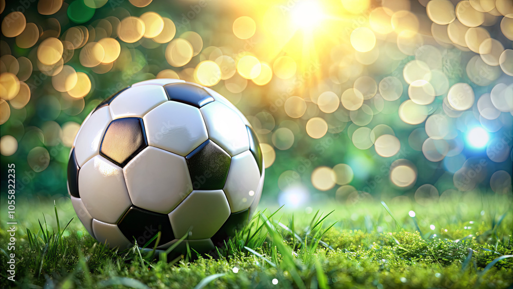Obraz premium The soccer ball is placed on the vibrant green grass, capturing the essence of a leisurely afternoon. Sunlight sparkles in the background, creating a warm atmosphere ideal for outdoor play