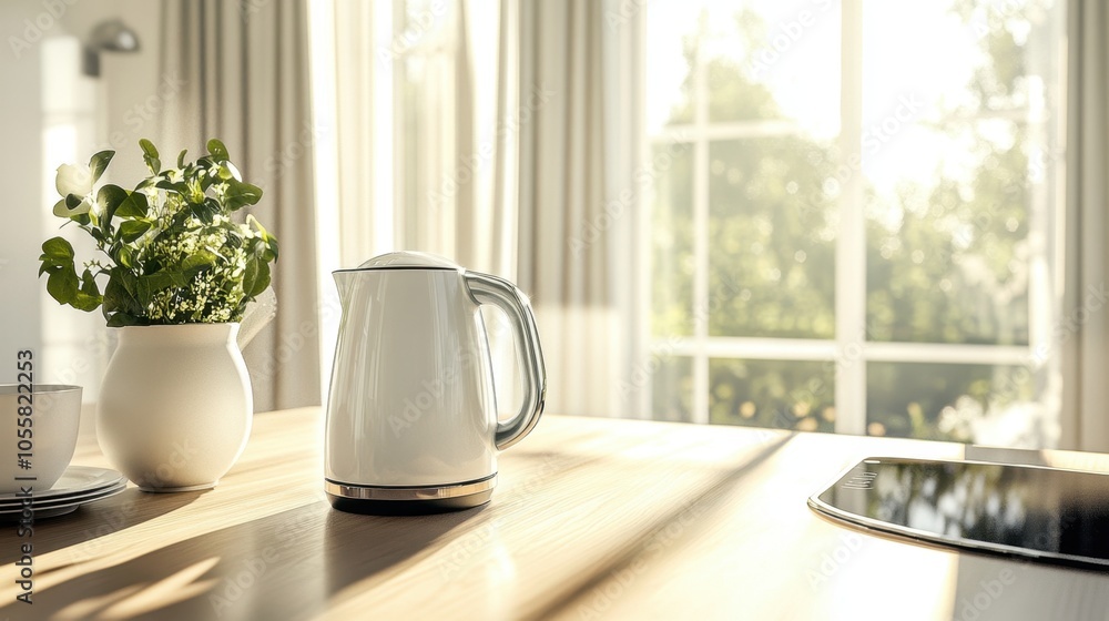 A gleaming electric kettle sits on a tidy kitchen counter, sunlight pouring through windows, conveying warmth and modernity. A gleaming electric kettle sits on a tidy kitchen counter, sunlight pouring through windows, conveying warmth and modernity.