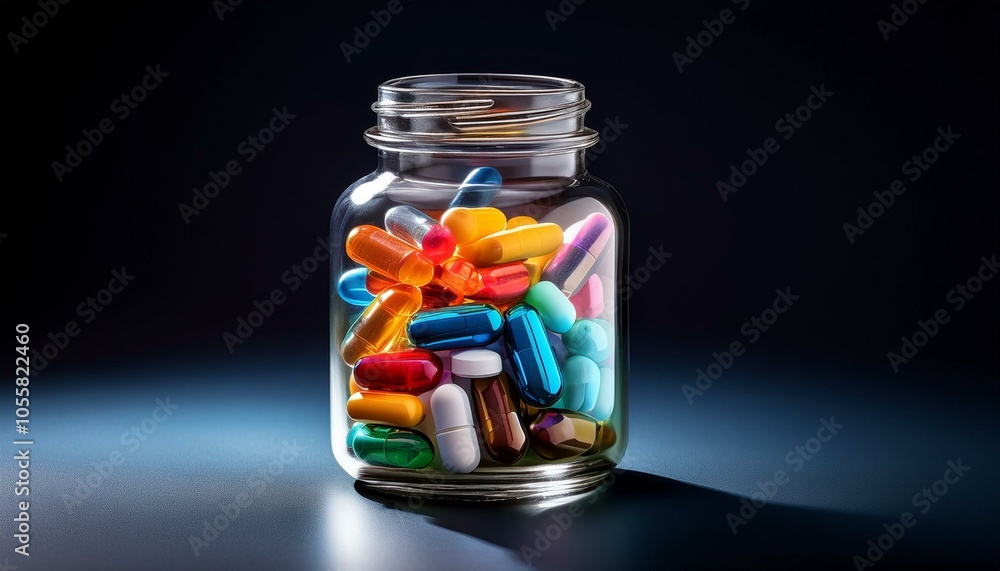 Jar filled with colorful capsules and tablets against a dark background. Jar filled with colorful capsules and tablets against a dark background.