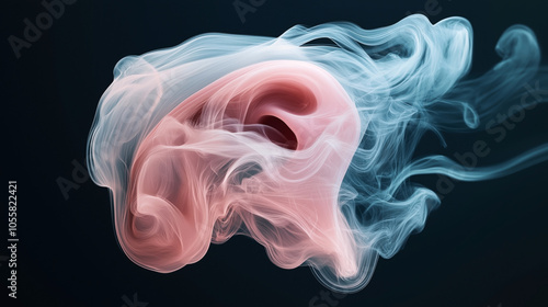 Abstract artistic of a human nose amidst swirling colored smoke or mist in a dark background, showcasing a surreal and creative concept of smell or senses. photo